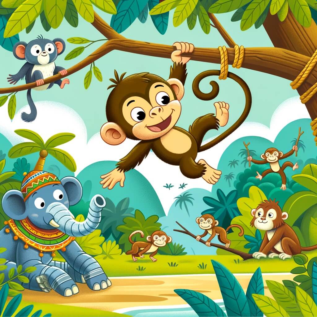 Une illustration destinée aux enfants représentant un singe espiègle se balançant de branche en branche dans une jungle tropicale, accompagné d'un ami maladroit, tandis que les autres animaux observent joyeusement.