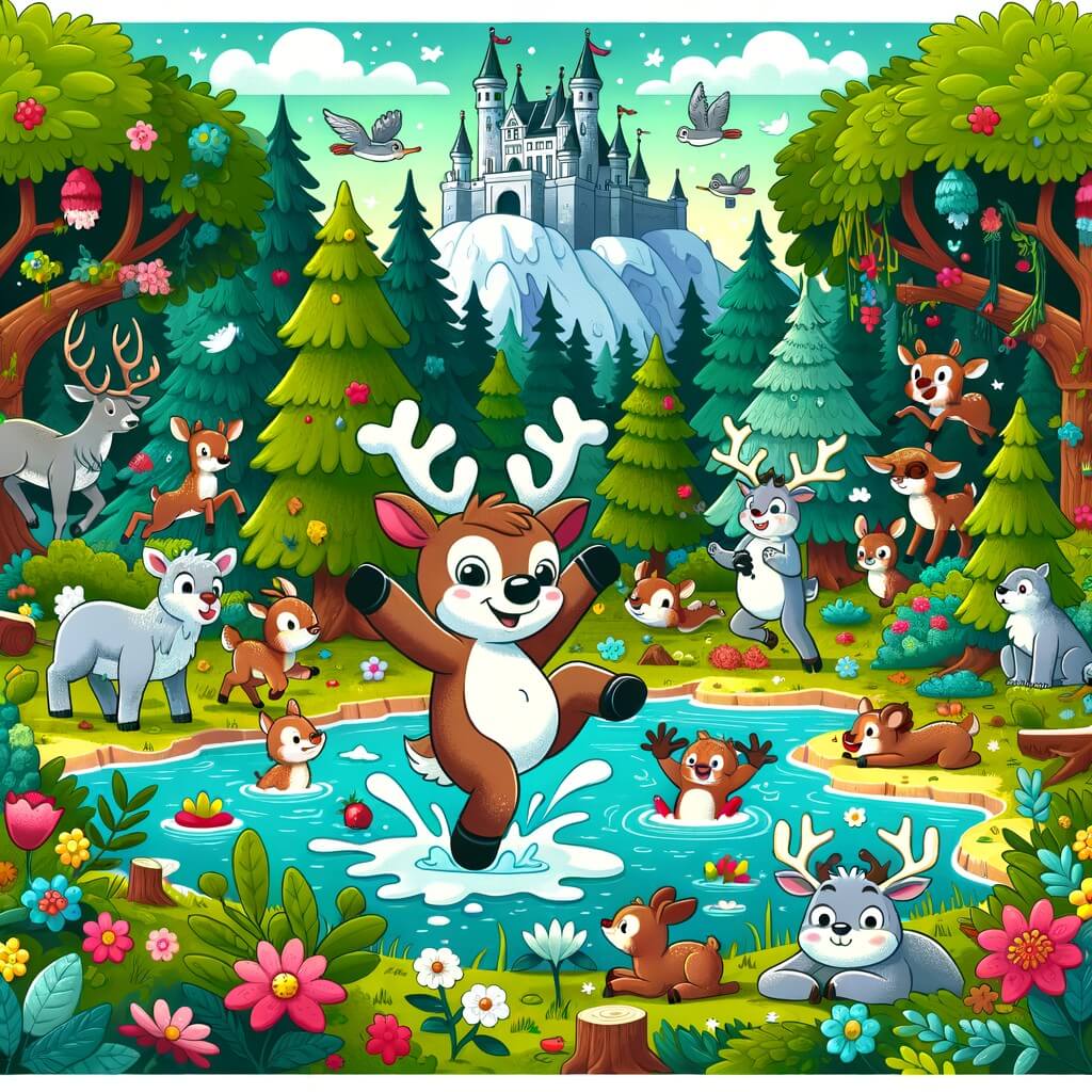 Une illustration destinée aux enfants représentant un renne espiègle et maladroit qui fait des blagues à ses amis animaux dans une forêt enchantée, avec des arbres majestueux, des fleurs colorées et un lac scintillant au milieu.