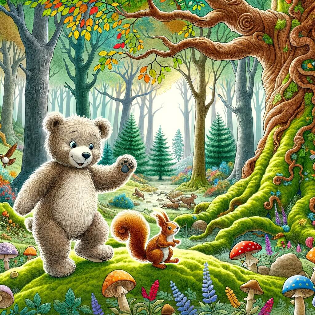 Une illustration destinée aux enfants représentant un adorable ourson farceur qui vit des aventures amusantes avec un écureuil dans une forêt enchantée, entourée de grands arbres aux feuilles colorées et d'une mousse douce recouvrant le sol.