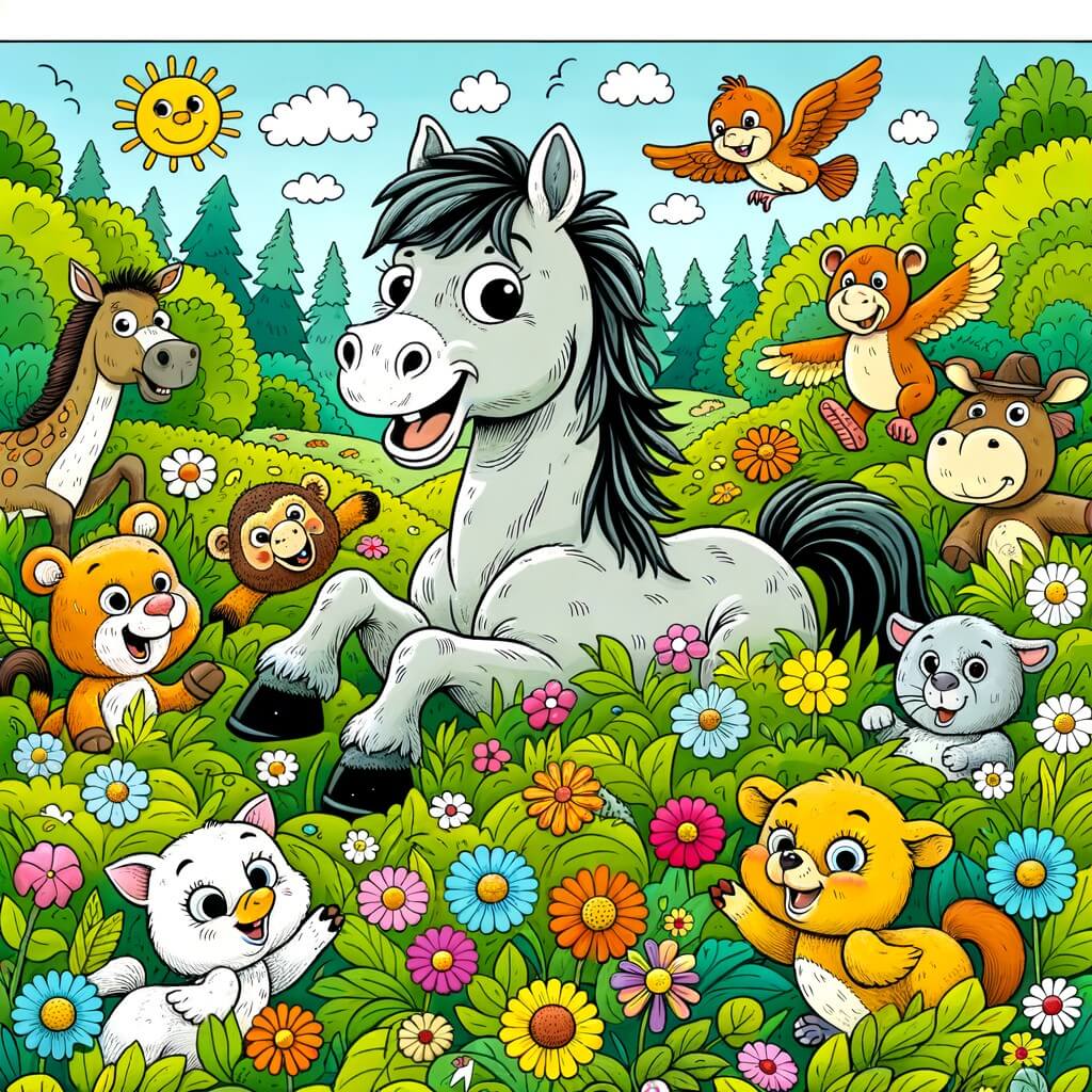 Une illustration destinée aux enfants représentant un cheval espiègle, entouré d'animaux rigolos, dans une prairie verdoyante parsemée de fleurs multicolores.