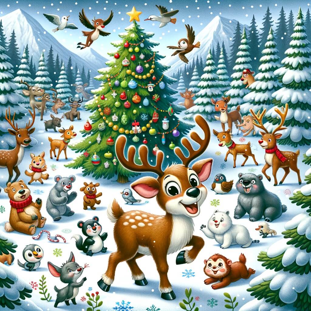 Une illustration destinée aux enfants représentant un renne rigolo, entouré d'animaux, dans une forêt enneigée avec un grand arbre de Noël décoré.