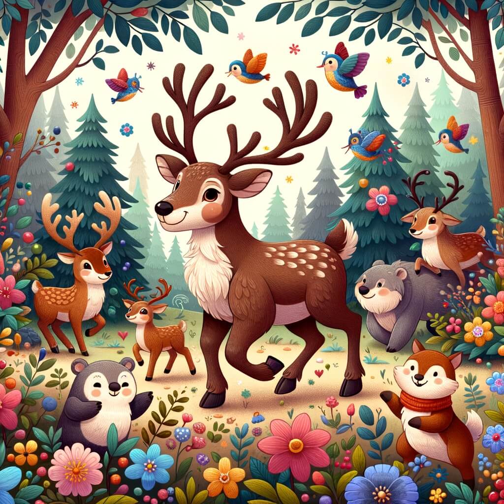 Une illustration destinée aux enfants représentant un renne au pelage brun, dans une forêt enchantée remplie de fleurs colorées, accompagné de ses amis animaux, se préparant pour la grande course annuelle de rennes.