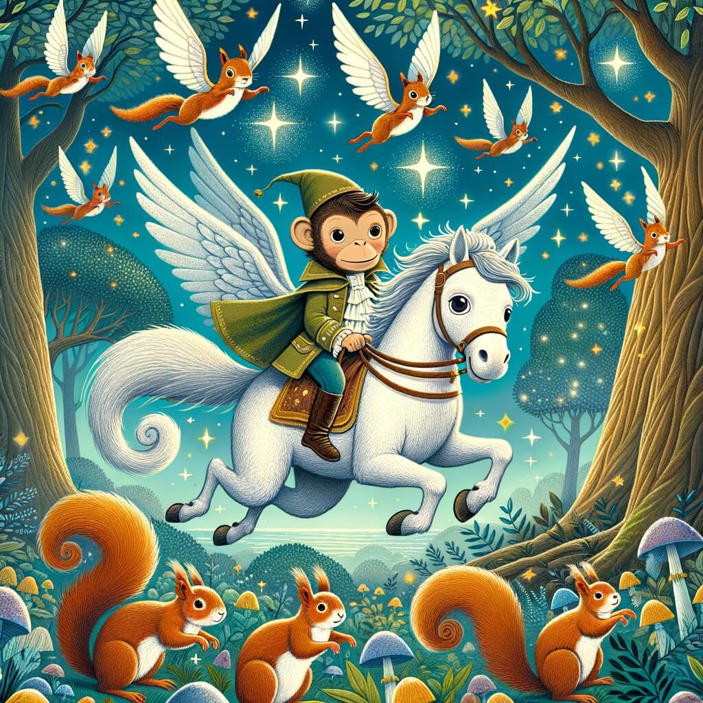 Une illustration destinée aux enfants représentant un singe malicieux, accompagné d'une troupe d'écureuils volants, dans une forêt enchantée aux arbres majestueux et aux feuillages chatoyants.