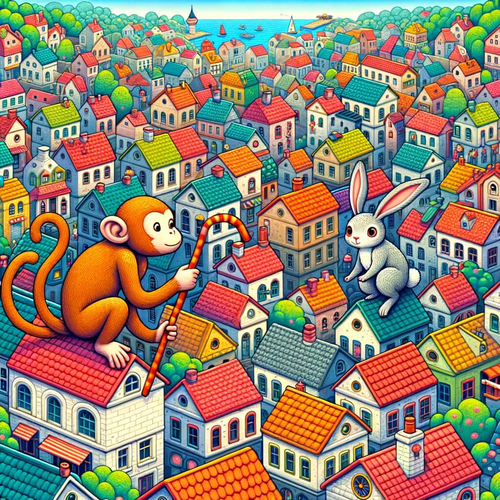 Une illustration destinée aux enfants représentant un singe espiègle et curieux, accompagné d'un lapin malicieux, parcourant les toits colorés d'une ville animée remplie de maisons, de rues bondées et de boutiques alléchantes.
