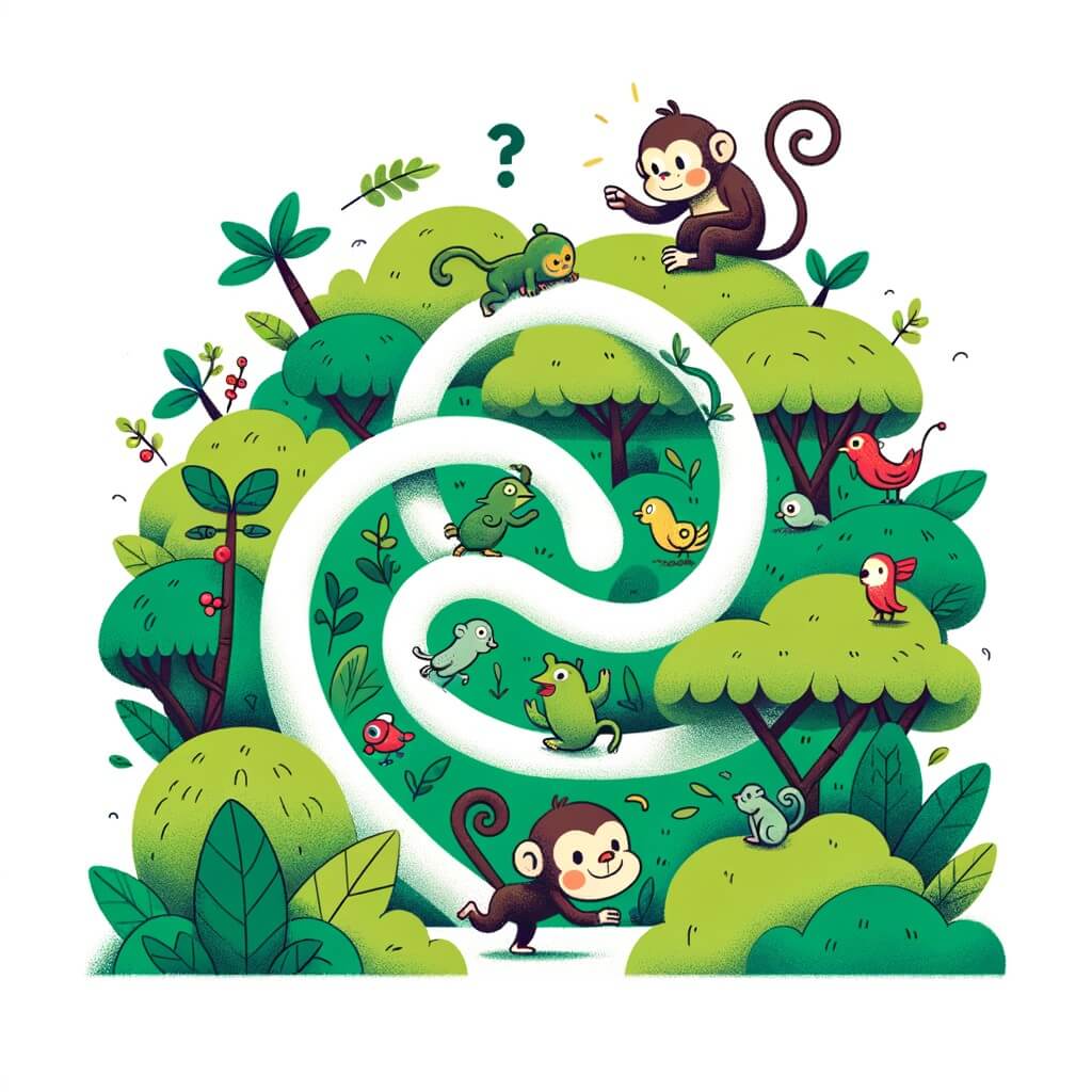 Une illustration destinée aux enfants représentant un singe facétieux se retrouvant dans une forêt luxuriante, où il rencontre un autre singe joueur et curieux, créant ainsi une série d'aventures amusantes et imprévisibles.