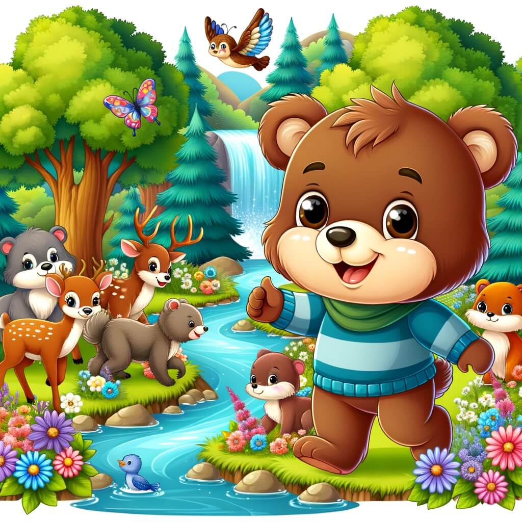 Une illustration pour enfants représentant un adorable ours brun se lançant dans une incroyable aventure pleine de rires et de mystères, dans une forêt enchantée.