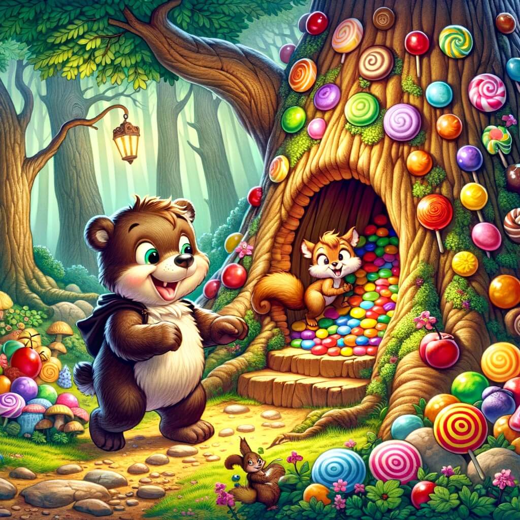 Une illustration destinée aux enfants représentant un ourson espiègle, accompagné d'un écureuil malicieux, découvrant un arbre creux rempli de bonbons multicolores au cœur d'une forêt enchantée, où ils vont vivre des aventures amusantes.
