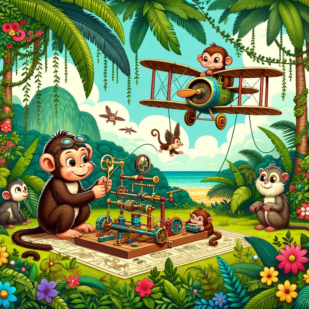 Une illustration destinée aux enfants représentant un singe malicieux qui construit une machine volante avec l'aide de ses amis animaux dans une jungle luxuriante remplie de palmiers, de lianes et de fleurs colorées.