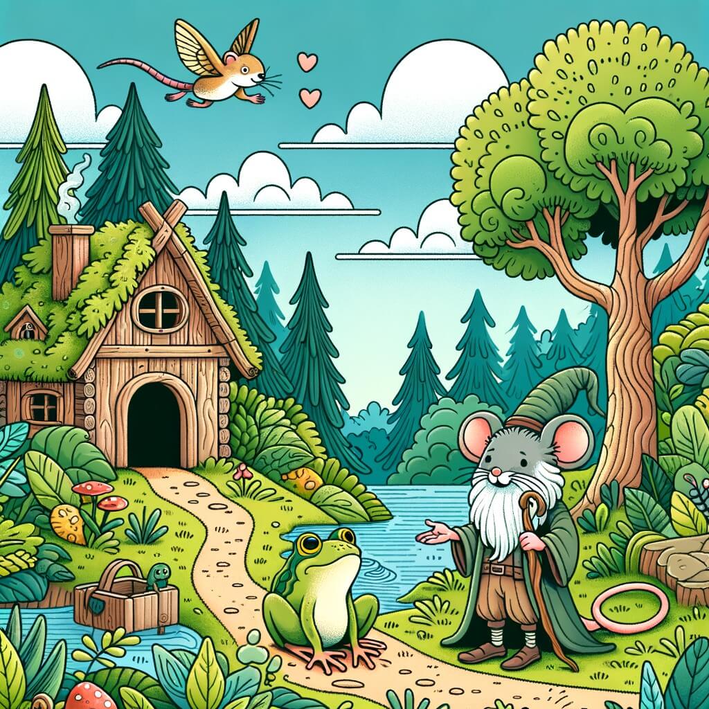 Une illustration destinée aux enfants représentant une souris aventurière se liant d'amitié avec une grenouille excentrique dans une petite maison en bois au cœur d'une forêt luxuriante.