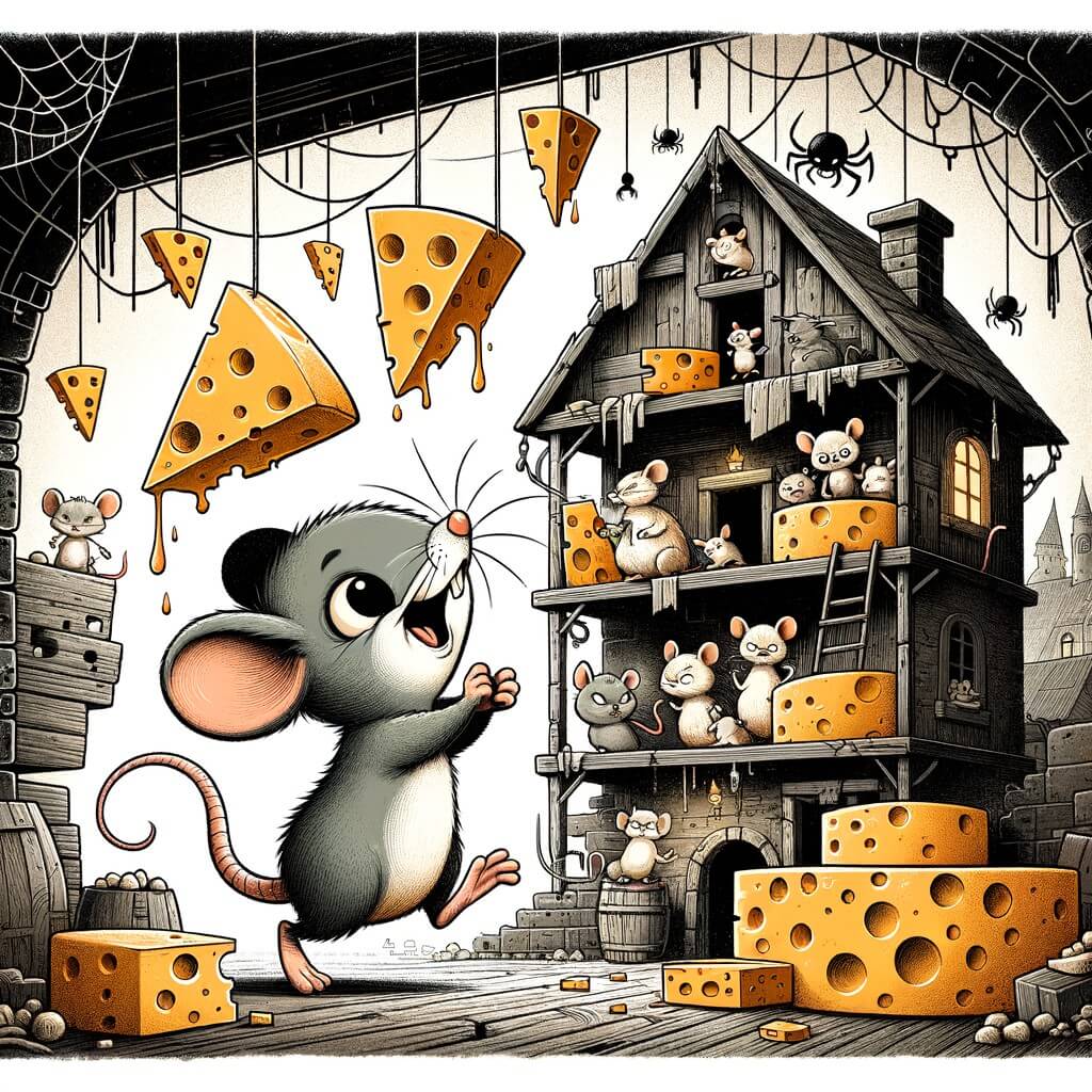 Une illustration pour enfants représentant une souris gourmande qui cherche du fromage dans une maison abandonnée.