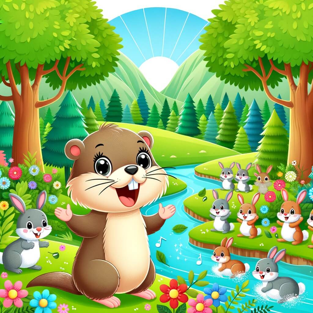 Une illustration destinée aux enfants représentant une joyeuse marmotte qui parle, accompagnée d'un groupe de lapins, dans une forêt luxuriante avec des arbres verdoyants, des fleurs colorées et une rivière scintillante.