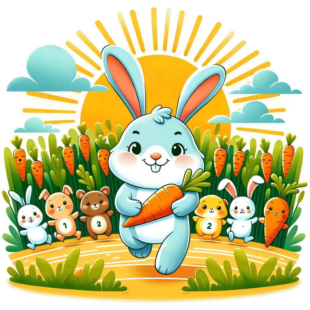 Une illustration destinée aux enfants représentant un joyeux lapin, prêt à participer à une course de lapins, accompagné de ses amis animaux, dans un champ de carottes coloré et ensoleillé.