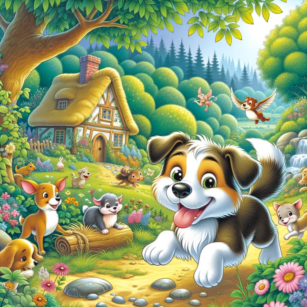 Une illustration destinée aux enfants représentant un chien curieux et espiègle, vivant de joyeuses aventures avec ses amis animaux, dans un village enchanteur situé au cœur d'une forêt verdoyante et paisible.