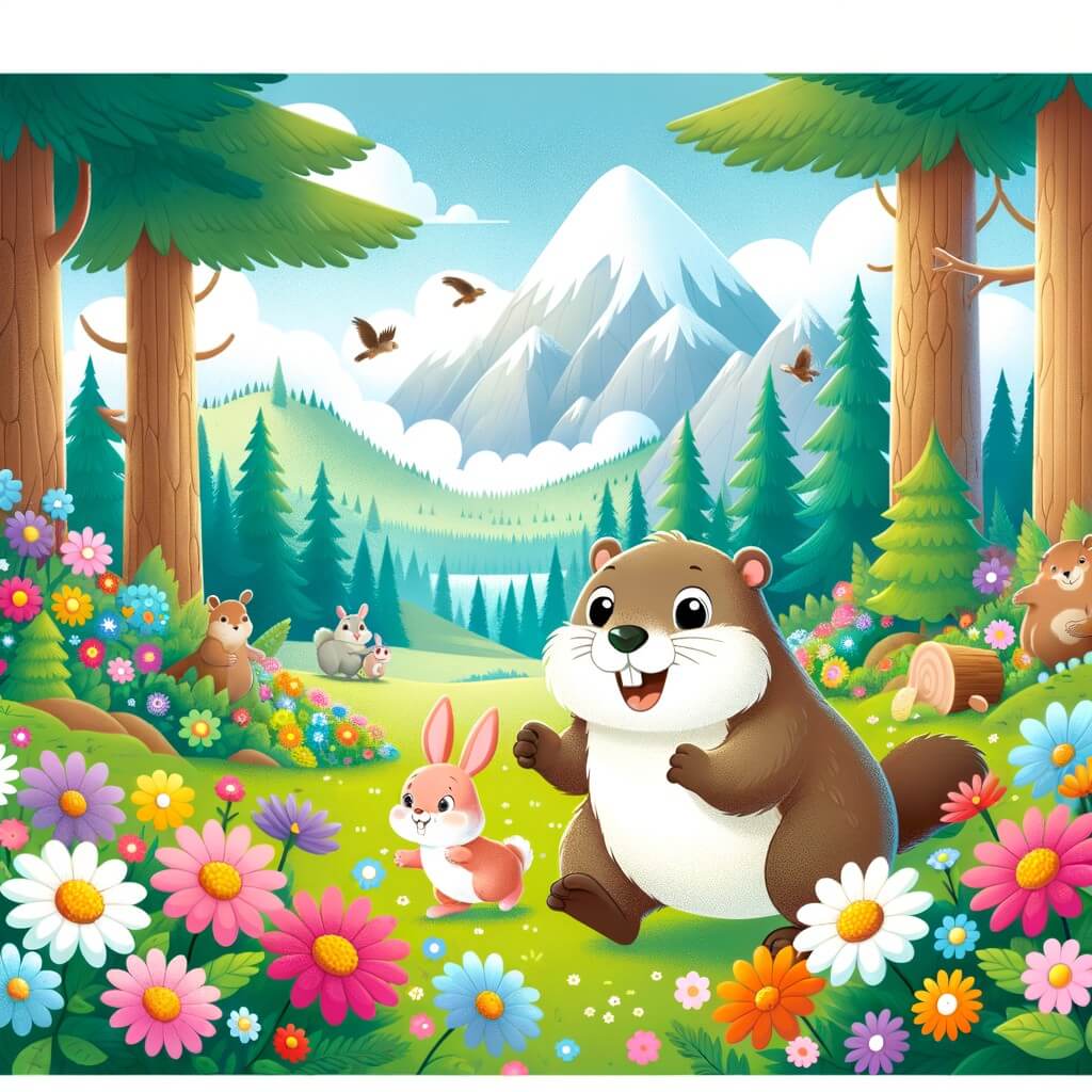 Une illustration destinée aux enfants représentant une marmotte joyeuse, accompagnée d'un petit lapin, explorant une forêt enchantée remplie de fleurs colorées et d'arbres majestueux.