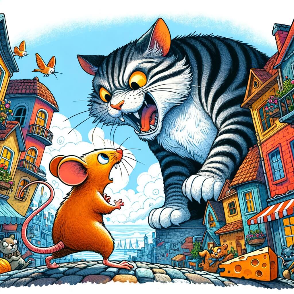 Une illustration destinée aux enfants représentant une petite souris aventurière qui se retrouve face à un chat redoutable dans une petite ville colorée, tandis qu'elle cherche désespérément un endroit sûr pour son précieux fromage.