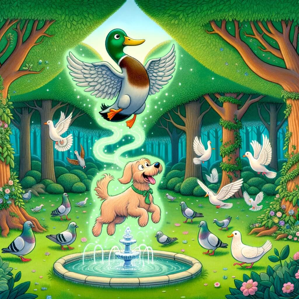 Une illustration destinée aux enfants représentant un chien plein d'énergie se retrouvant transformé en canard dans une forêt enchantée, accompagné de pigeons rigolos, dans un parc verdoyant avec une fontaine magique scintillante au centre.