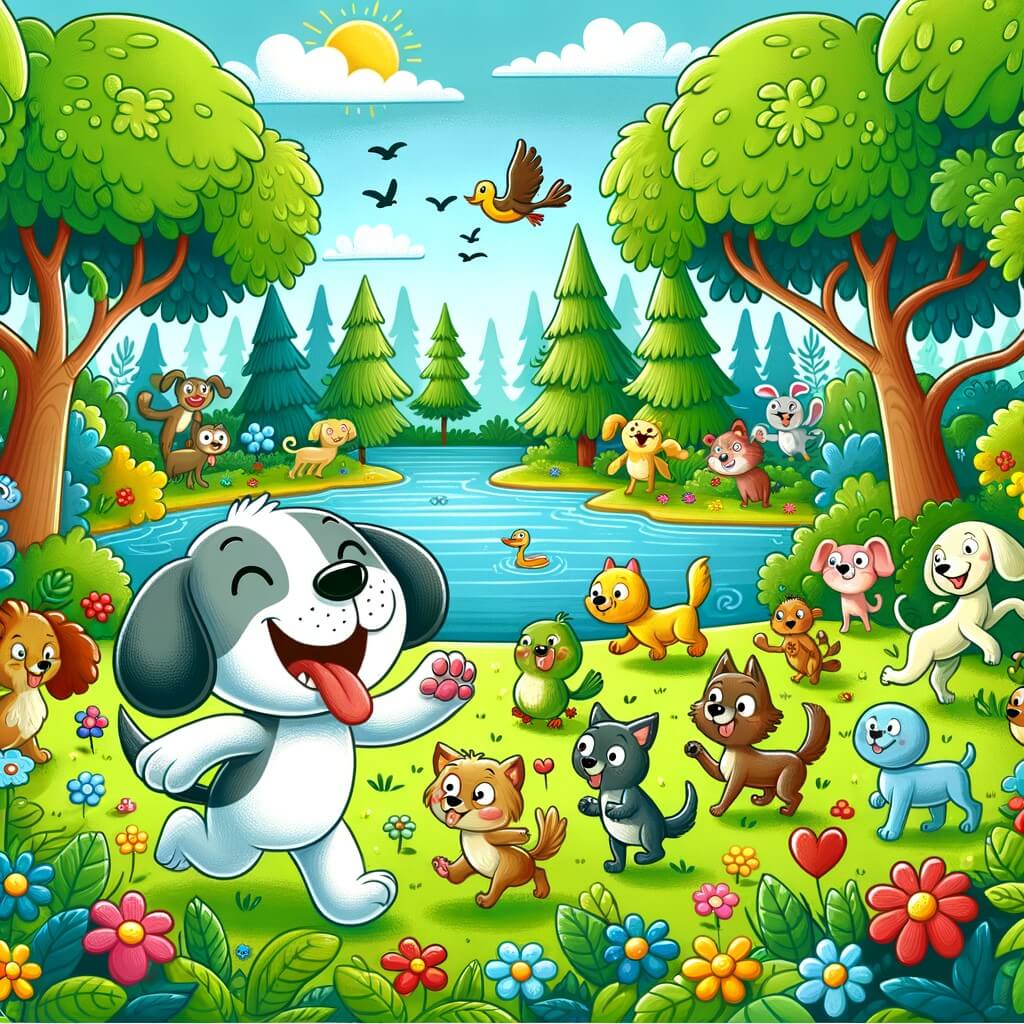 Une illustration destinée aux enfants représentant un chien malicieux et bavard vivant des aventures amusantes avec ses amis animaux, dans un parc animé par des arbres verdoyants, des fleurs colorées et un lac scintillant en arrière-plan.