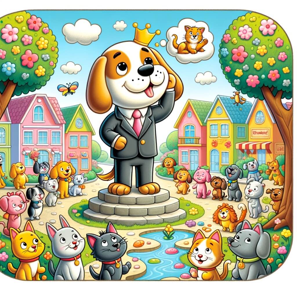 Une illustration pour enfants représentant un chien qui rêve de devenir maire dans une petite ville peuplée d'animaux.