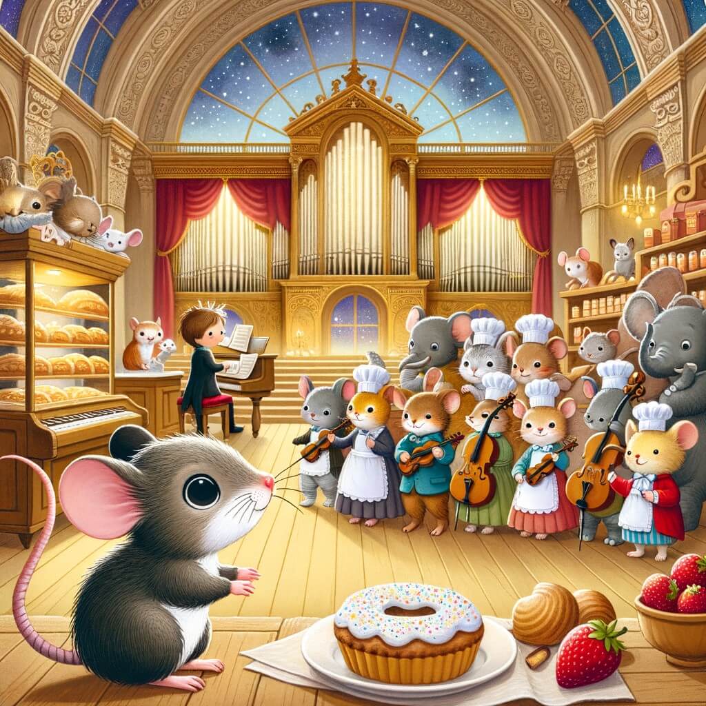 Une illustration destinée aux enfants représentant une petite souris curieuse se trouvant dans une boulangerie enchantée, accompagnée d'un joyeux groupe d'animaux, alors qu'ils se préparent pour un concours de chant dans une magnifique salle de concert.