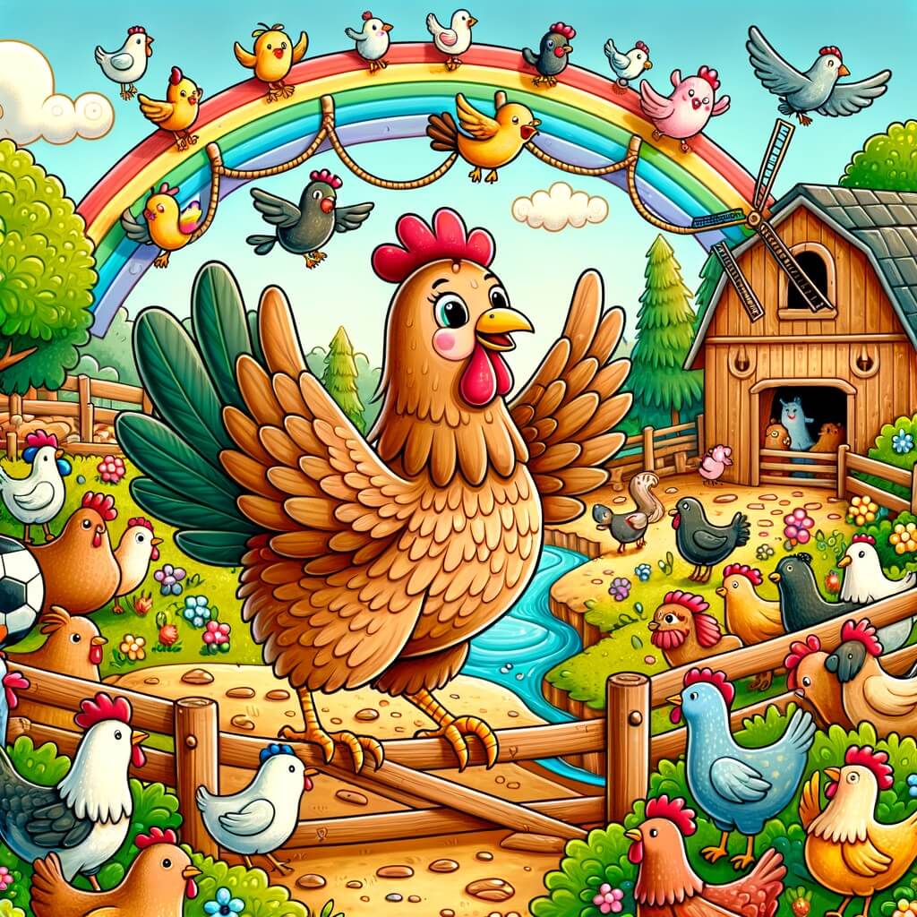 Une illustration destinée aux enfants représentant une poule intrépide se lançant dans une aventure pleine de rebondissements avec ses amis animaux, dans une ferme colorée et animée par le joyeux brouhaha des animaux de la basse-cour.