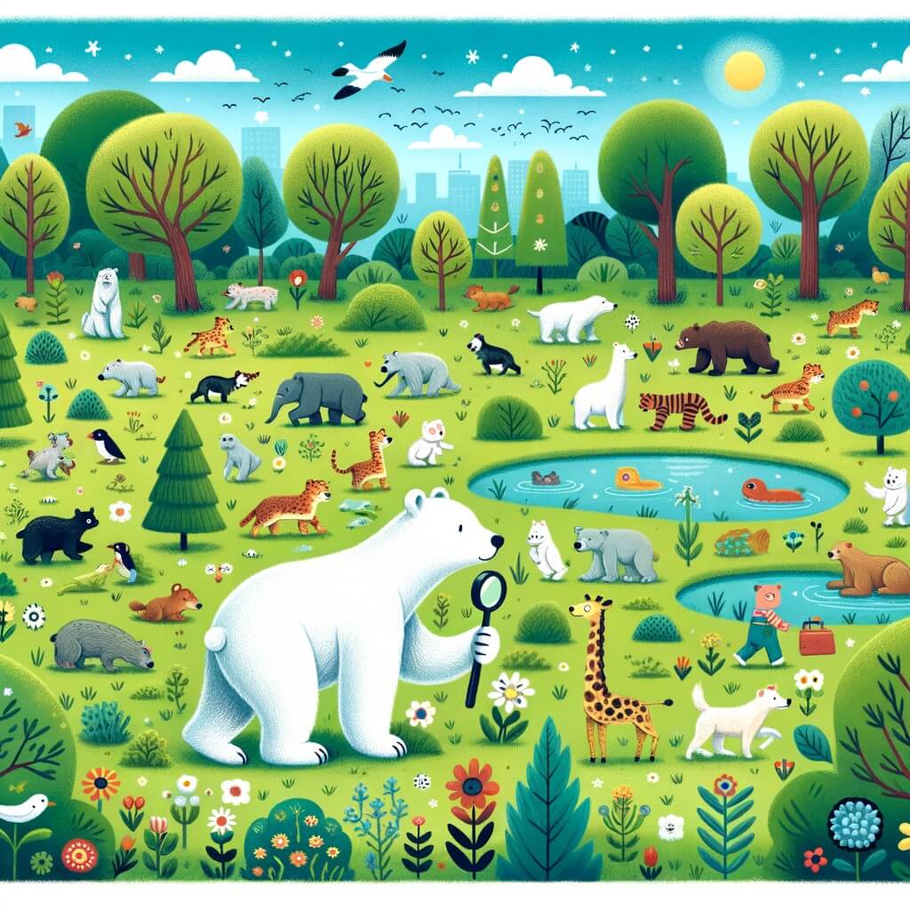 Une illustration pour enfants représentant un grand ours polaire solitaire cherchant un ami dans une ville animée, jusqu'à ce qu'il rencontre une petite souris et une mouette rigolote sur la plage.