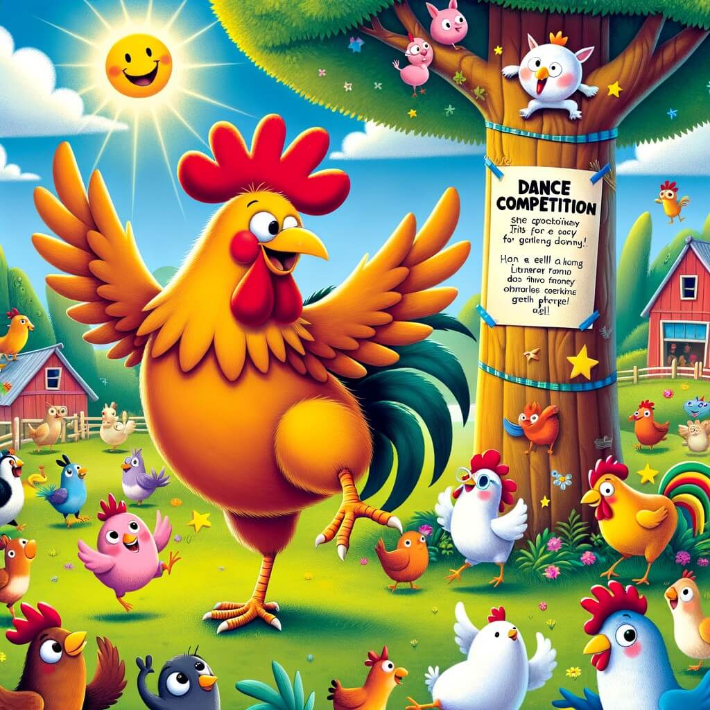 Une illustration pour enfants représentant une poule passionnée de danse qui vit dans une petite ferme et qui découvre un concours de danse.