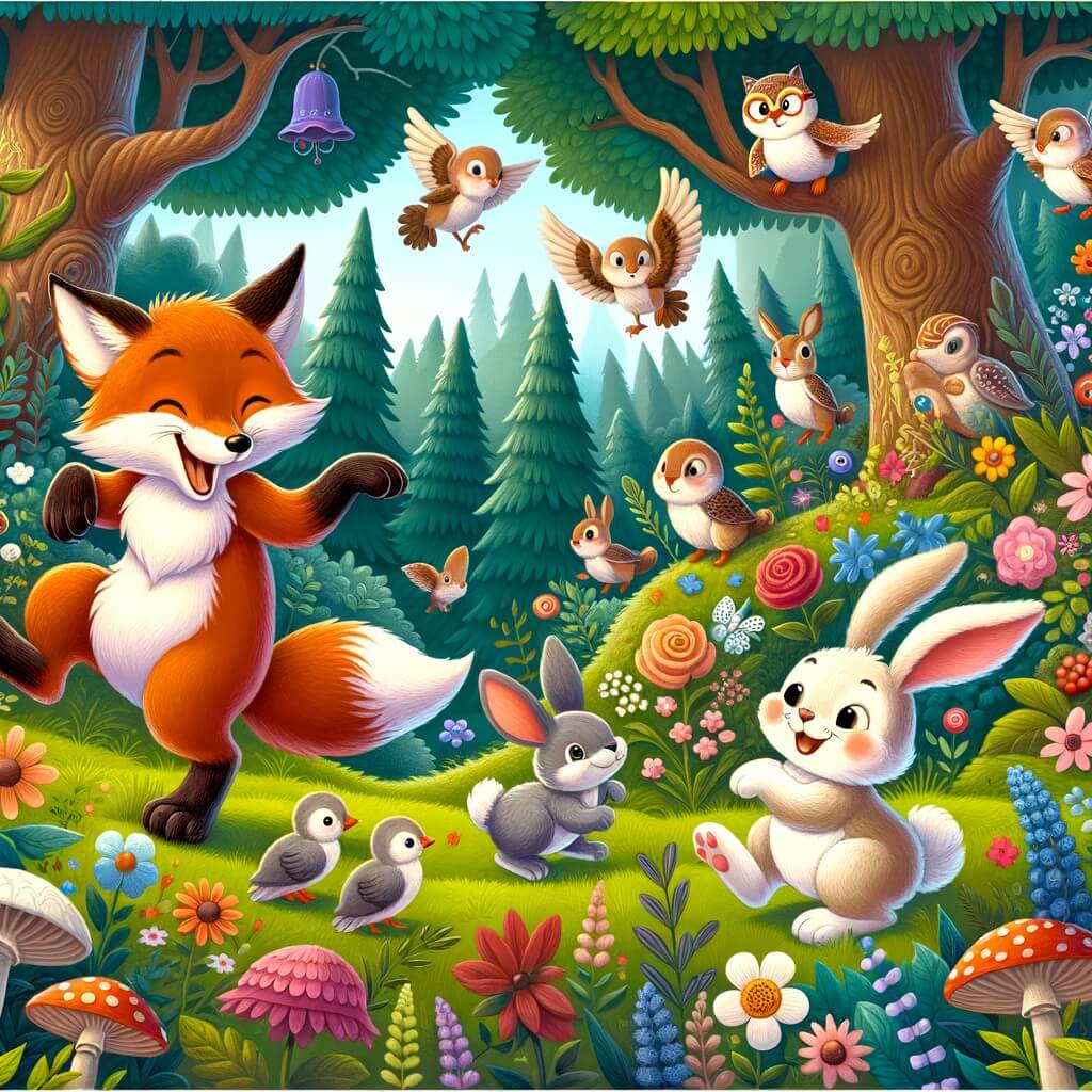 Une illustration destinée aux enfants représentant un renard malicieux qui fait des bêtises avec un lapin curieux dans une forêt enchantée, remplie de fleurs colorées, d'arbres majestueux et de petits animaux joyeux.