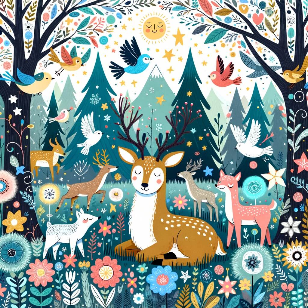Une illustration destinée aux enfants représentant un renne rêveur, entouré d'animaux joyeux, dans une forêt enchantée remplie d'arbres majestueux, de fleurs colorées et d'oiseaux virevoltants.