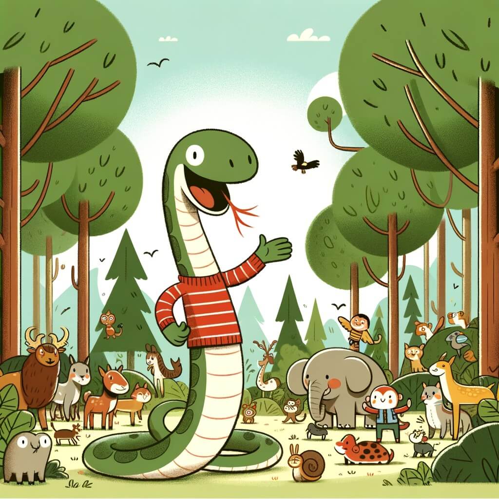 Une illustration destinée aux enfants représentant un serpent espiègle portant une chemise rouge et un pantalon beige, vivant des aventures amusantes avec un groupe d'animaux curieux, dans une forêt luxuriante remplie d'arbres majestueux et d'animaux joyeux.