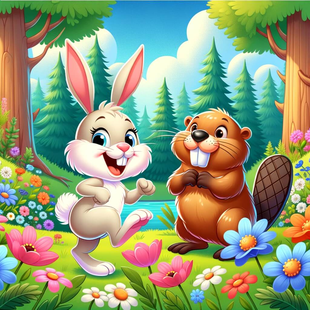 Une illustration destinée aux enfants représentant un petit lapin espiègle qui se retrouve dans une situation hilarante avec un drôle de castor dans une forêt luxuriante remplie de fleurs colorées et d'arbres majestueux.