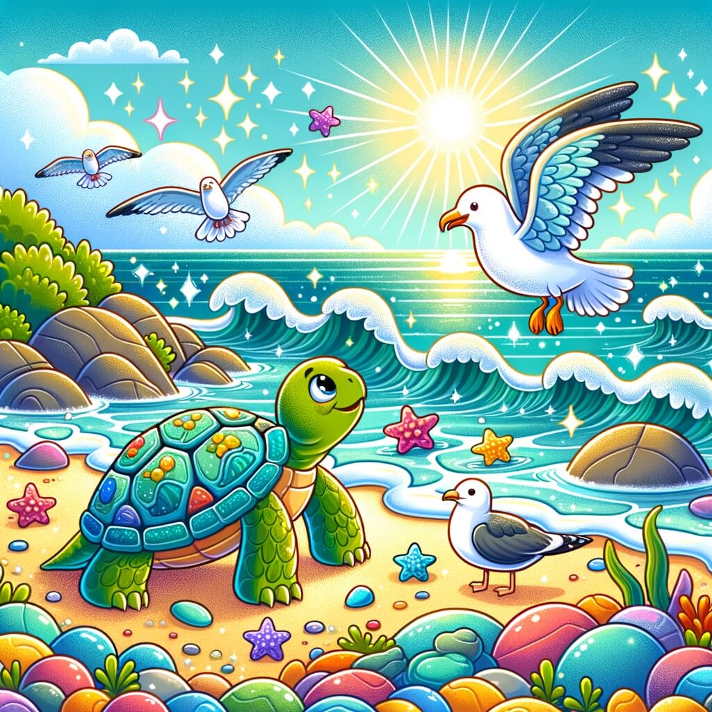 Une illustration destinée aux enfants représentant une tortue aventurière qui rencontre une mouette sur une plage ensoleillée, entourée de vagues scintillantes et de rochers colorés.