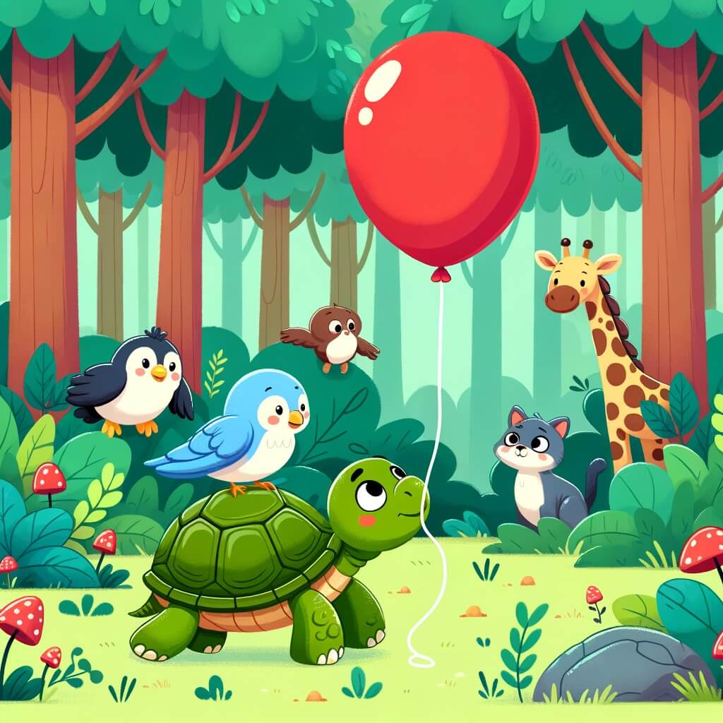 Une illustration destinée aux enfants représentant une tortue curieuse découvrant un ballon rouge vif dans une forêt luxuriante, avec ses amis animaux intrigués par cette nouveauté.
