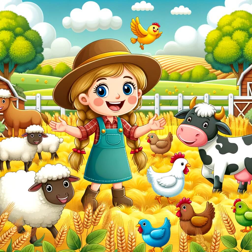 Une illustration destinée aux enfants représentant une agricultrice souriante, entourée de champs de blé doré, de moutons sautillants, de vaches paisibles et de poules colorées, dans une petite ferme pittoresque située au cœur d'une vallée verdoyante.