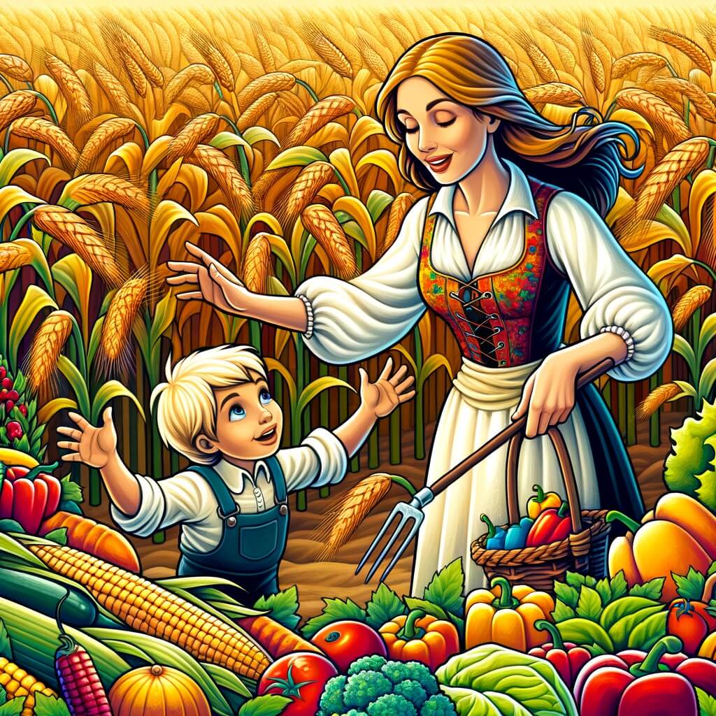 Une illustration destinée aux enfants représentant une agricultrice passionnée, entourée de champs de blé dorés et de légumes colorés, découvrant un petit garçon perdu dans son champ de maïs.