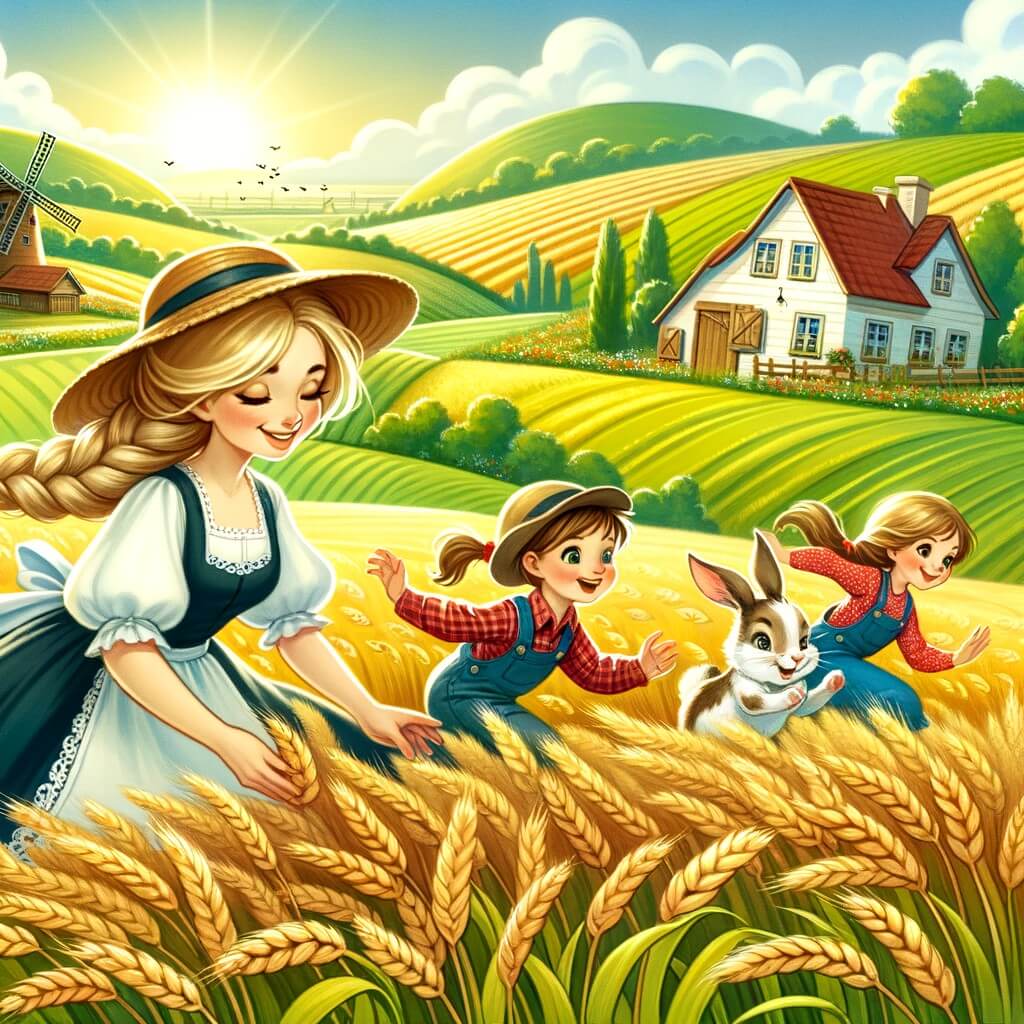 Une illustration pour enfants représentant une femme passionnée par l'agriculture, vivant avec ses enfants dans une grande ferme où ils découvrent les secrets de la nature.