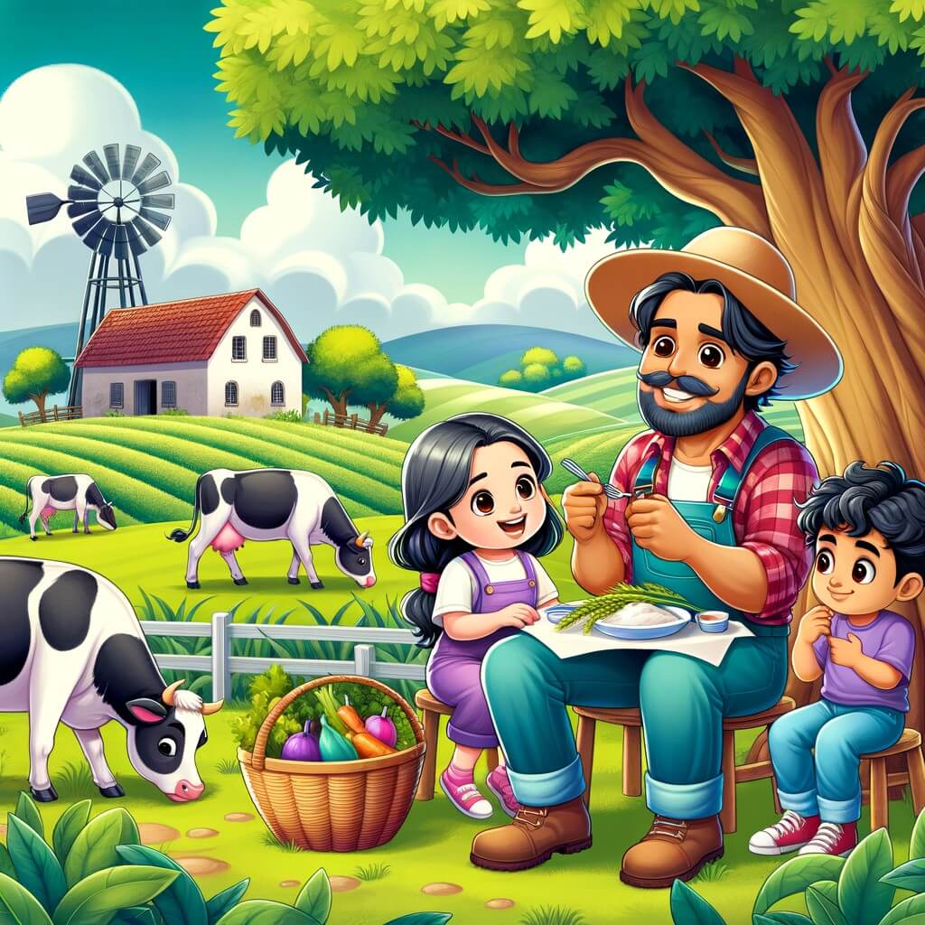 Une illustration destinée aux enfants représentant un homme passionné par l'agriculture, accompagné de deux enfants curieux, travaillant ensemble dans une ferme pittoresque entourée de vastes champs verdoyants, de vaches broutant paisiblement et d'un grand arbre sous lequel ils prennent leur pause déjeuner.