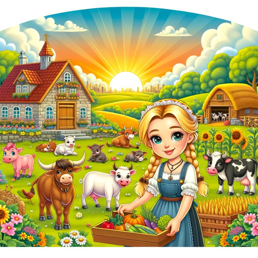 Une illustration pour enfants représentant une agricultrice passionnée, au milieu de sa ferme, s'occupant de ses animaux et de ses cultures, entourée de nature luxuriante.