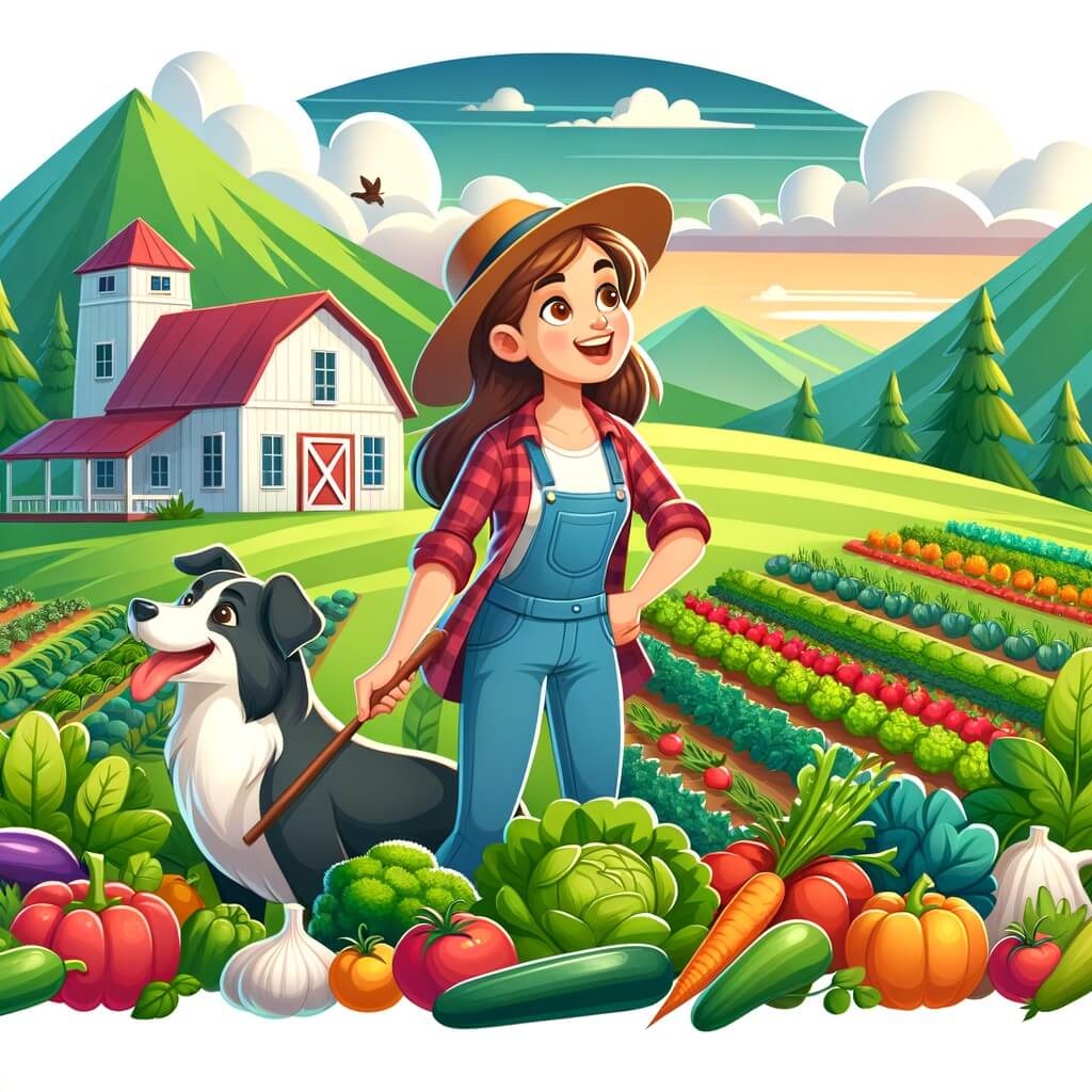 Une illustration destinée aux enfants représentant une agricultrice passionnée, entourée de légumes colorés, qui découvre une ferme mystérieuse nichée au milieu de collines verdoyantes, accompagnée de son fidèle chien.