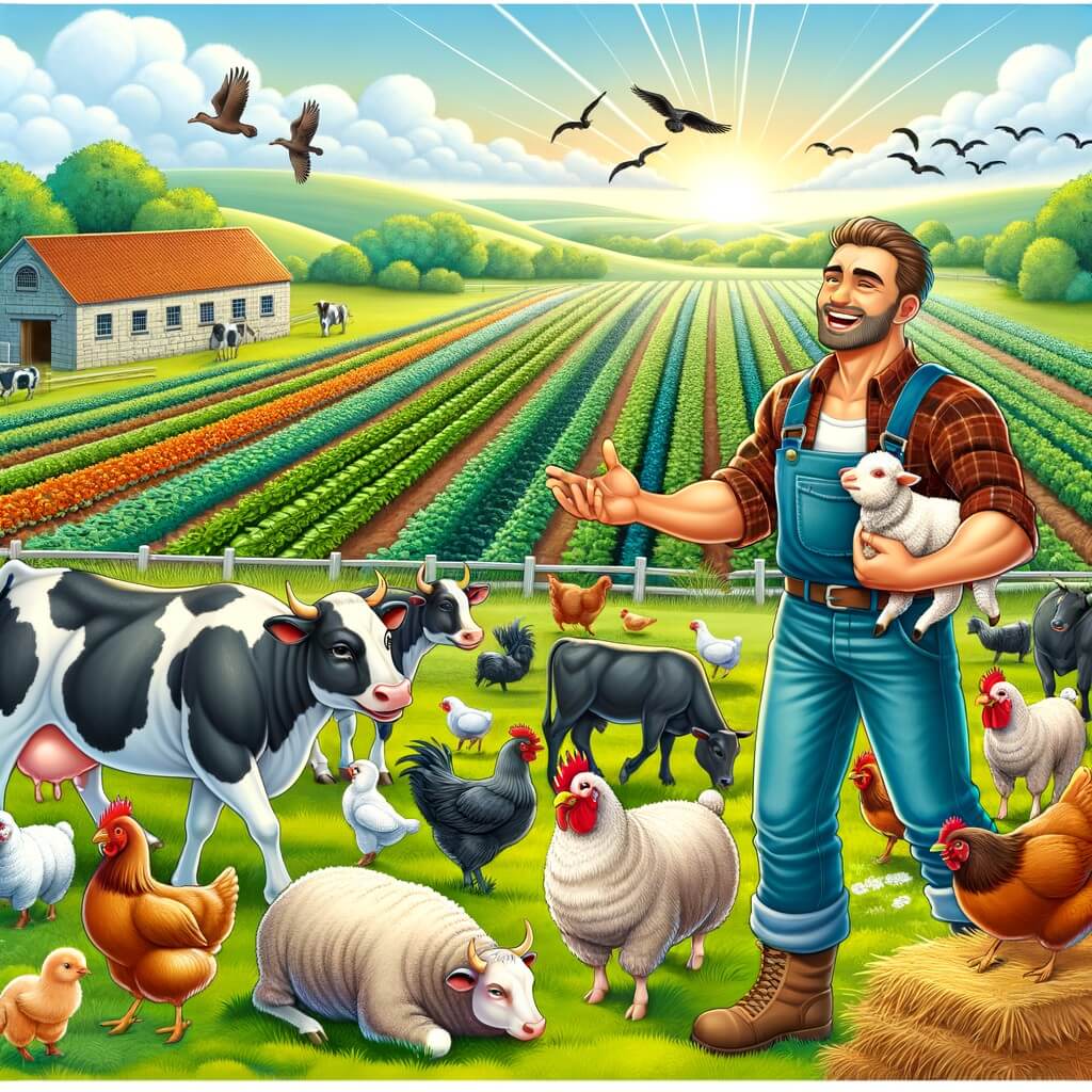 Une illustration destinée aux enfants représentant un homme passionné par l'agriculture, entouré de vaches, de moutons et de poules, travaillant dans sa ferme pittoresque située au milieu d'un grand champ verdoyant avec des rangées de cultures colorées.