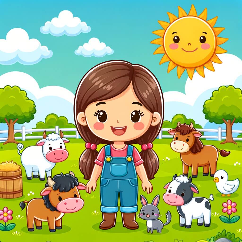 Une illustration destinée aux enfants représentant une agricultrice souriante, entourée de ses animaux de la ferme, dans un magnifique champ verdoyant avec des fleurs colorées et un grand soleil qui brille dans le ciel.