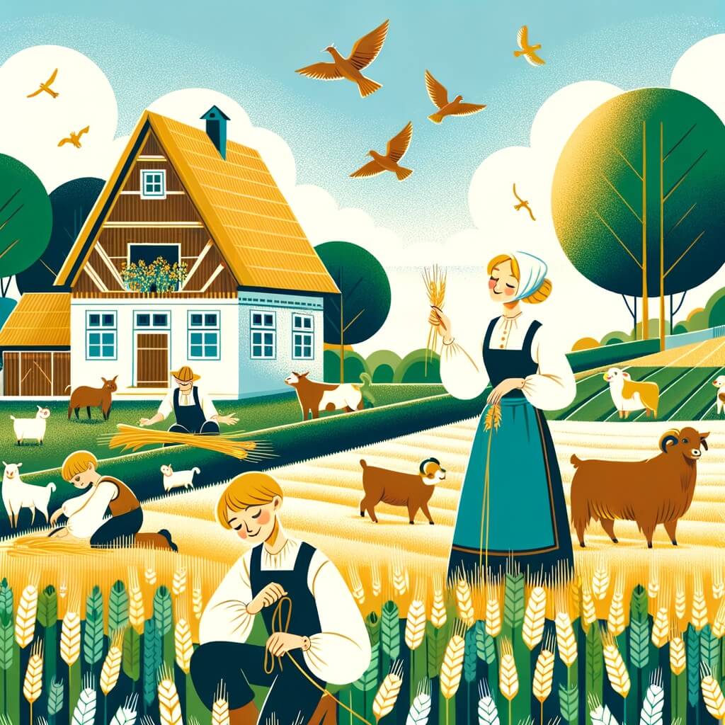 Une illustration destinée aux enfants représentant une agricultrice passionnée vivant dans une ferme pittoresque, accompagnée de son fils, travaillant ensemble dans les champs verdoyants de blé doré et entourés d'animaux joyeux.
