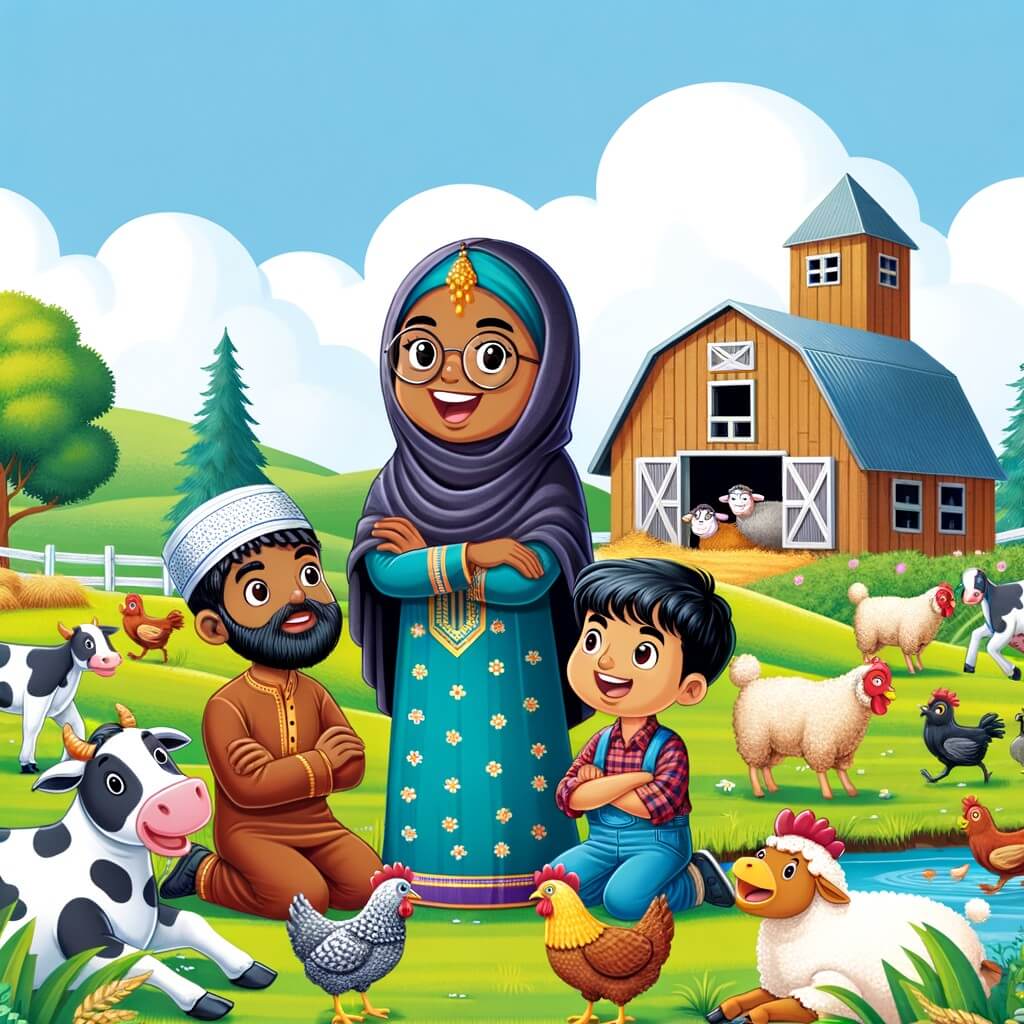Une illustration destinée aux enfants représentant un agriculteur passionné, entouré de deux enfants curieux, dans une ferme pittoresque avec des champs verdoyants, des animaux rigolos et une grange accueillante.