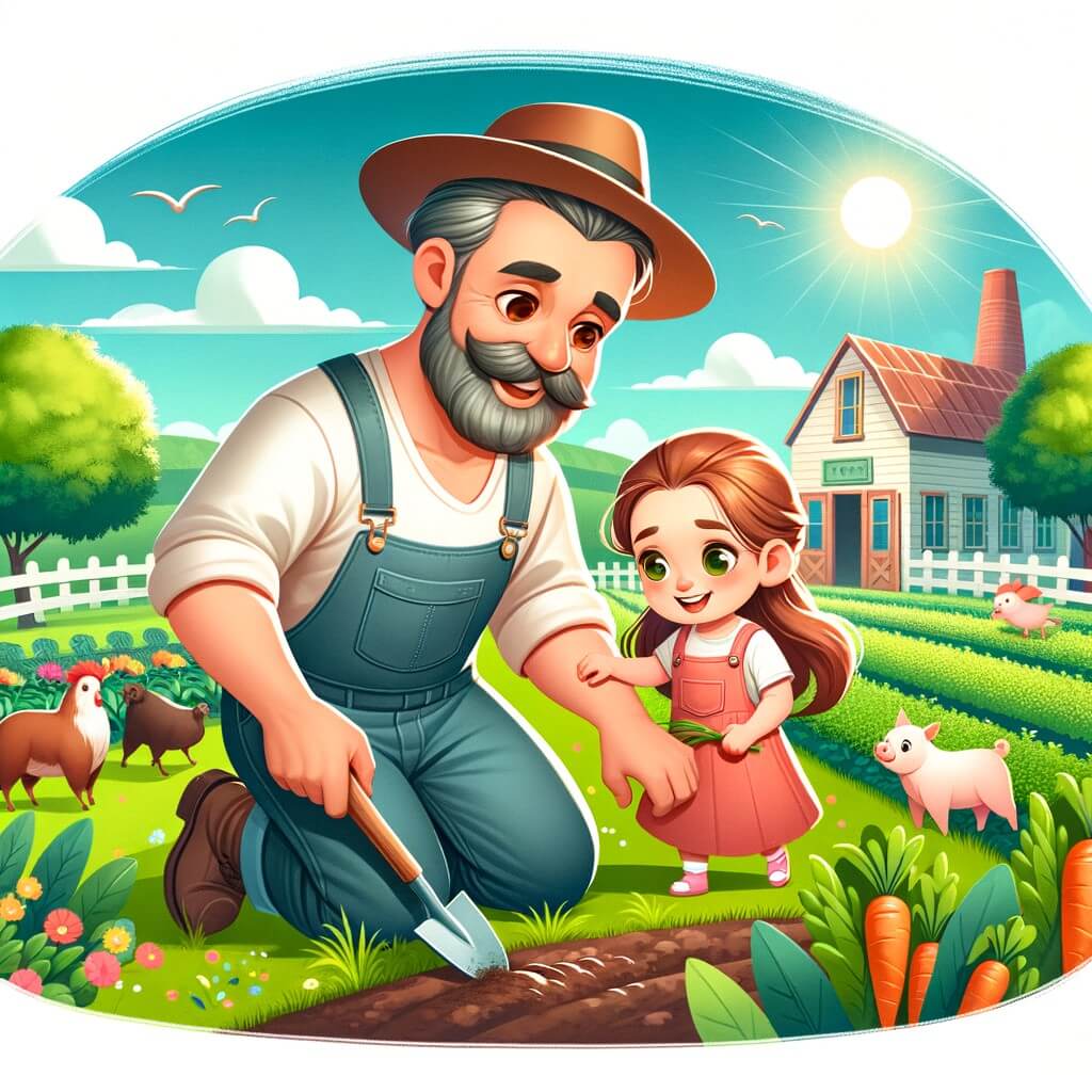 Une illustration destinée aux enfants représentant un homme passionné et robuste travaillant dur dans ses champs, accompagné de sa petite-fille curieuse, dans une ferme pittoresque entourée de vastes champs verts, d'animaux joyeux et d'un ciel bleu lumineux.