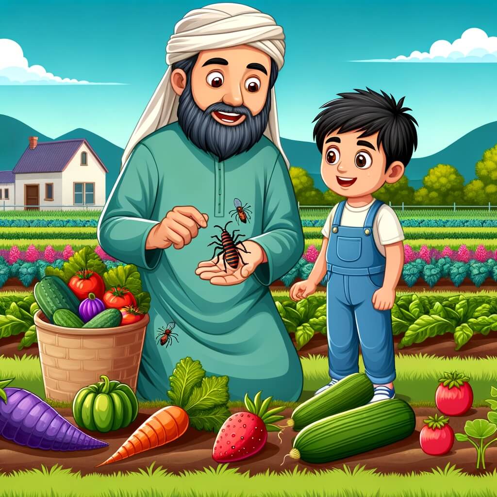 Une illustration destinée aux enfants représentant un homme passionné par l'agriculture, faisant face à une invasion d'insectes nuisibles avec l'aide d'un jeune garçon curieux, dans un vaste champ verdoyant où poussent de magnifiques légumes colorés.