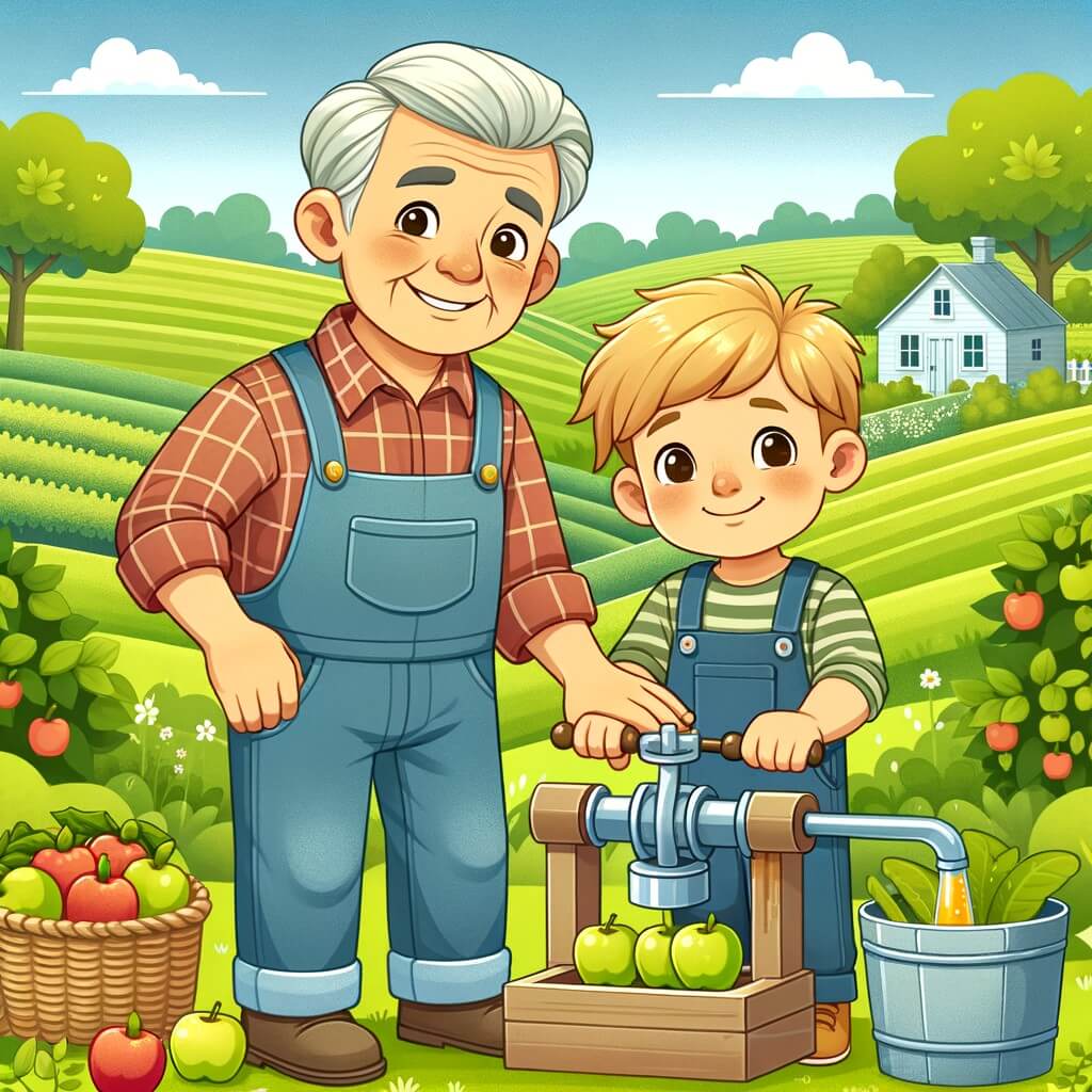 Une illustration pour enfants représentant un homme souriant, travaillant dans un champ verdoyant, entouré d'animaux de la ferme, dans une histoire se déroulant à la campagne.