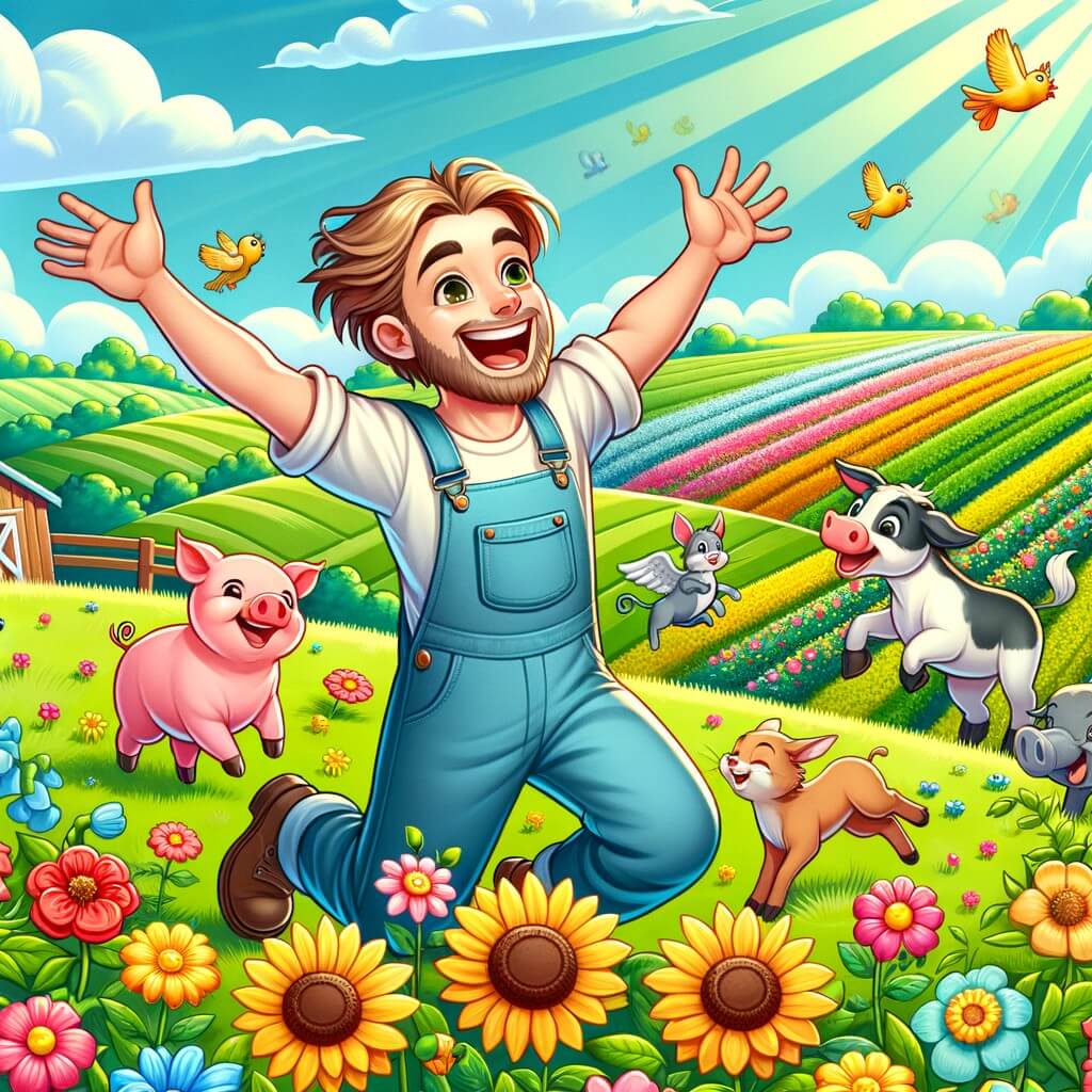 Une illustration destinée aux enfants représentant un homme souriant, vêtu d'une salopette, travaillant avec passion dans une ferme colorée et fleurie, accompagné d'animaux joyeux, au milieu de vastes champs verdoyants et d'un verger luxuriant.