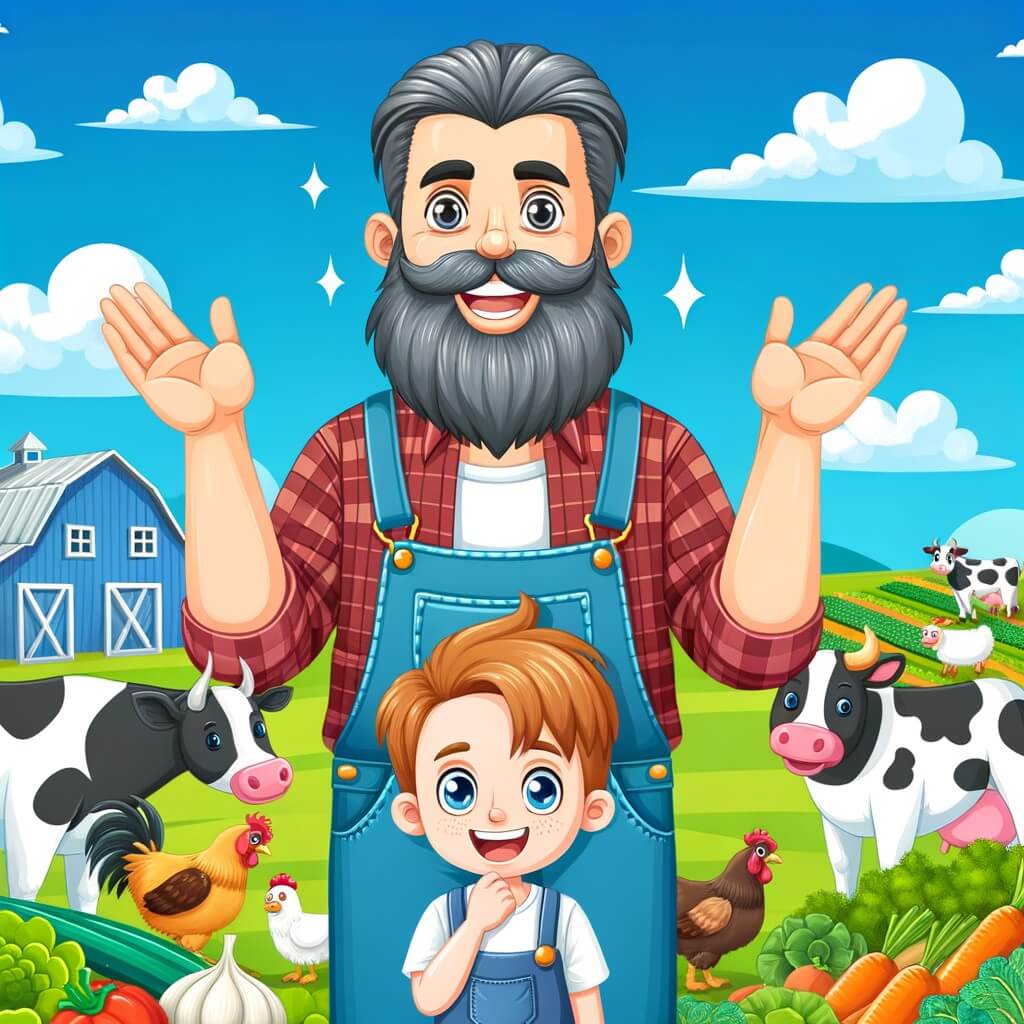 Une illustration destinée aux enfants représentant un agriculteur souriant et barbu, accompagné d'un petit garçon curieux, dans une ferme colorée et animée avec des vaches, des poules et des champs de légumes verdoyants sous un ciel bleu éclatant.