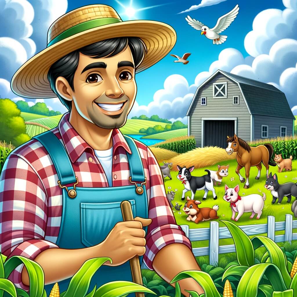Une illustration pour enfants représentant un homme heureux travaillant dans une ferme, entouré de ses cultures et de ses animaux.