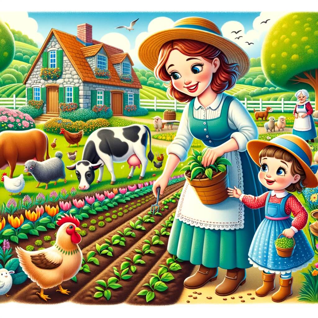 Une illustration destinée aux enfants représentant une femme souriante et dynamique, vêtue d'une robe bleue et coiffée d'un chapeau de paille, occupée à semer des graines dans un champ verdoyant, accompagnée d'une petite fille curieuse, entourée de vaches, de moutons, de poules et d'un grand potager coloré, dans la ferme pittoresque de Mamie Louise, avec une jolie maison en pierre et une grange en bois, située au cœur d'une campagne paisible.