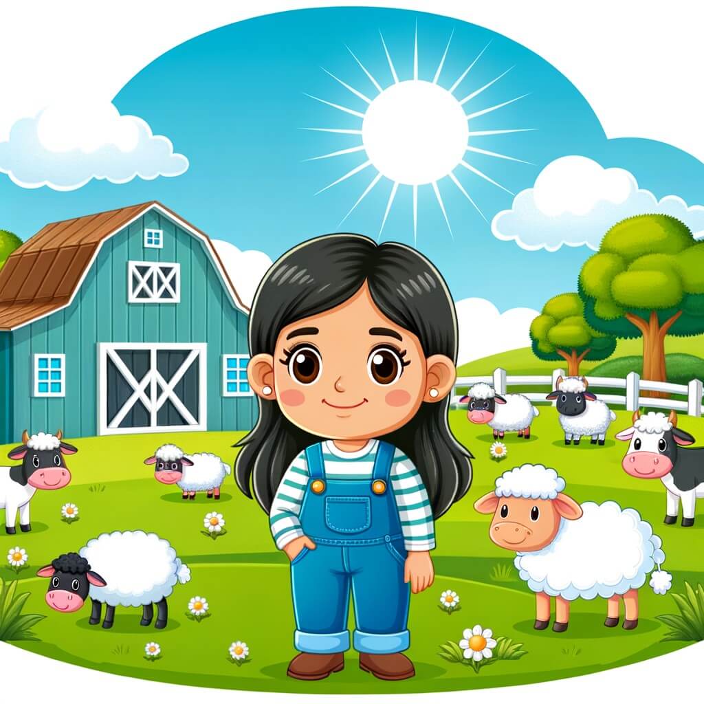Une illustration destinée aux enfants représentant une femme souriante, vêtue d'une salopette bleue, debout dans un champ verdoyant entouré de vaches et de moutons, dans une ferme pittoresque avec une grange en bois et un soleil brillant dans le ciel bleu.